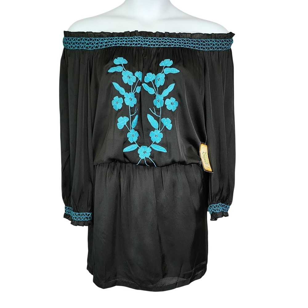 Cowgirl Justice Dress Womens XL Black Turquoise Floral Embroidered Boho Western